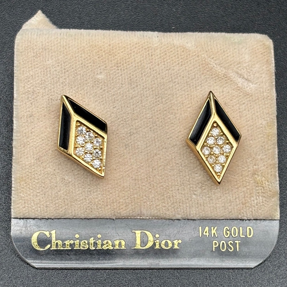 Vintage Christian Dior Stud Earrings Black Gold Geometric Rhinestone 0.75in
